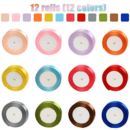 WOWOSS 12 Colores Cinta de Raso Doble Cara de 25 mm x 22 m, Rollo de Cinta tejida de Color para Decoración de Regalo Cajas Flores Boda Navidad