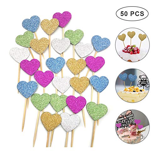 XGzhsa Adornos para Tartas, 50 Piezas de Adornos para Tartas con Purpurina en Forma de corazón, Palillos de Dientes, decoración para Fiestas (Dorado,Azul,Verde,Rojo,Plateado)