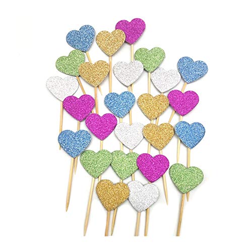 XGzhsa Adornos para Tartas, 50 Piezas de Adornos para Tartas con Purpurina en Forma de corazón, Palillos de Dientes, decoración para Fiestas (Dorado,Azul,Verde,Rojo,Plateado)