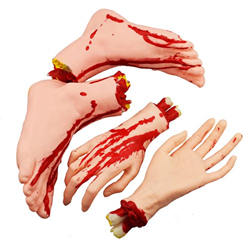 XONOR Halloween cortó Las Manos los pies Conjunto de Piezas de Cuerpo Sangriento y Aterrador Decoraciones de Accesorios de Halloween, 4 Piezas (pies y Manos) (Color de Piel)