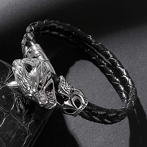 XQHD Cuerda Trenzada De Cuero De Los Hombres, Pulsera Simple Joyas De Lobo Feroz War Wolf Fashion Jewelry Dia del Padre Amigos Aniversario De Cumpleaños,InnerPerimeter:16.5CM