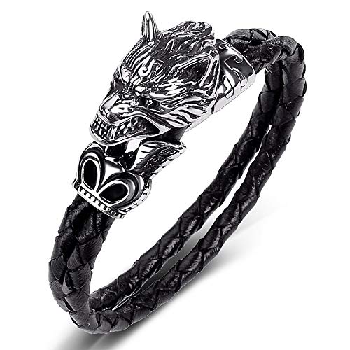 XQHD Cuerda Trenzada De Cuero De Los Hombres, Pulsera Simple Joyas De Lobo Feroz War Wolf Fashion Jewelry Dia del Padre Amigos Aniversario De Cumpleaños,InnerPerimeter:16.5CM