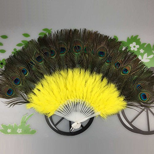 YA-Uzeun - Abanico plegable de plumas de bambú con decoración de plumas de pavo real, diseño de baile (amarillo)