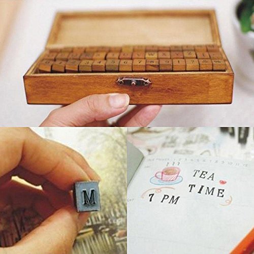 Yaheetech 70 Piezas Sellos de Letras Alfabeto Sello Número con Caja de Madera Sellos de Goma