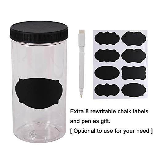 YBCPACK 6 tarros de almacenamiento de plástico transparente con tapas y etiquetas, un bolígrafo, de gran apertura de contenedores de grado alimentario para exhibir, despensa, hogar y cocina
