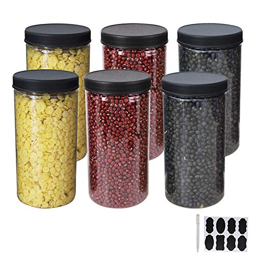 YBCPACK 6 tarros de almacenamiento de plástico transparente con tapas y etiquetas, un bolígrafo, de gran apertura de contenedores de grado alimentario para exhibir, despensa, hogar y cocina
