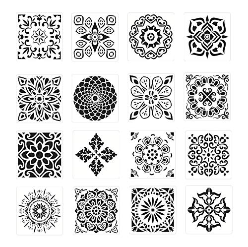 YOUYIKE Mandala Plantilla de Pintura, 16 Piezas Reutilizable Plantilla de Pintura Cortada para Decoración de Bricolaje, Madera, Rocas y Paredes Arte, pintar/dibujo mandalas,15x15cm