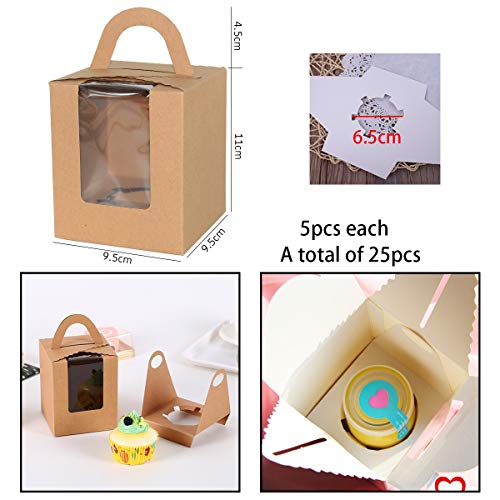 YuChiSX 25 Piezas Cajas de Cupcakes para Regalo, Caja Pasteleria, Cajas para Pasteles con Ventana de Pet Transparente y Manija, Accesorio para Repostería para Cumpleaños Boda Fiesta Comunion Navidad