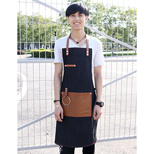 YUENA CARE Delantal de Camarero Cocinero Mandil Denim Ajustable con Bolsillo para Mujeres Hombres de Moda para Cafetería Tienda de Postres Restaurante Negro