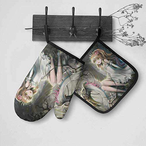 yuhuandadi Alice Wonderland Oven Mitts and Pot Holders Sets,1oven Mitt + 1potholder, Non-Slip Heat Resistance Mats, Dining Hall Kitchen Baking Grilling Party Cooking Gloves