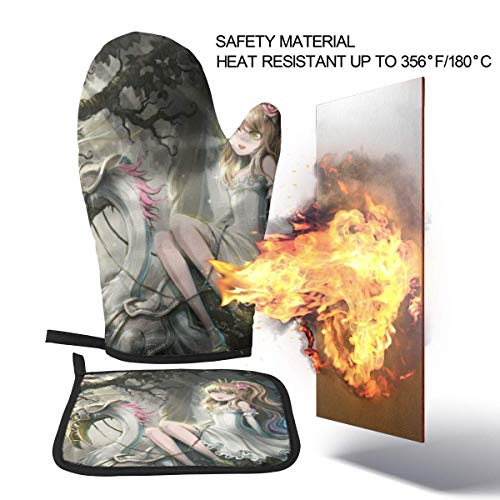 yuhuandadi Alice Wonderland Oven Mitts and Pot Holders Sets,1oven Mitt + 1potholder, Non-Slip Heat Resistance Mats, Dining Hall Kitchen Baking Grilling Party Cooking Gloves