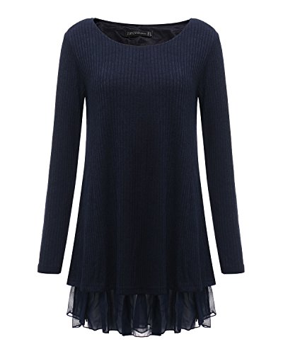 ZANZEA Jersey Mujer Jumper Suéter Larga Tops Vestidos de Encaje para Vestido Lazo Elegant Fiesta de Noche Suéter de Punto para Mujeres Otoño Invierno Tallas Grandes Azul-399848 S