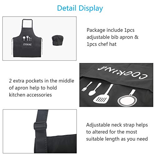 ZERHOK Delantal Negro Ajustable Impermeable Adultos 2pcs Mandil Cocina Ligero y a Prueba de Aceite Gorro Cocinero Barbacoa heramienta Cooking de Fibra Poliester para Restaurante panadería y casa