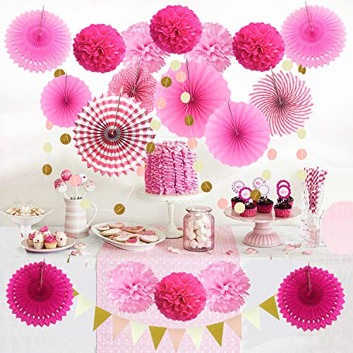 Zerodeco Decoración de la Fiesta, 21 Piezas Abanicos de Papel Bola de Nido Pom Poms Ventilador Cumpleaños Boda Carnaval Bebé Ducha Home Party Supplies Decoración (Rosa)