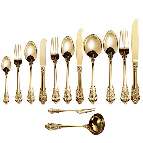 ZFQ Set de Cubiertos de Color Dorado de acero inoxidable 18/10, Estilo Vintage, acabado pulido brillante, para Cocina, Restaurante, Fiesta, Juego de 13, Un juego completo de cubertería