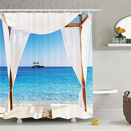 ZLWSSA Cortina de Ducha Impermeable 3D Decoración balinesa Playa a través de la Cama balinesa Ummer Unshine Clear Ky Honeymoon Natural 150x180cm