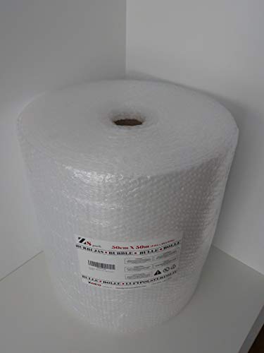 Zs Products - Rollo de plástico de burbujas (0,50 metros x 50 metros), protección de objetos frágiles, embalaje, transporte y mudanzas. Papel de burbujas de calidad europea.