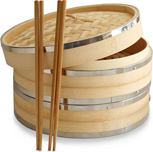 10 Inch vaporera de bambú por Harcas. 2 Tier. Mejor para Dim Sum, verduras, carne y pescado.