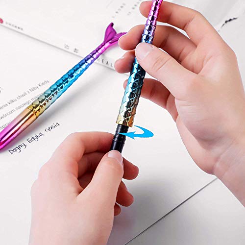 10 piezas de bolígrafos de sirena y 1 estuche de lápiz de cola de pez de lentejuelas, juego de papelería para recuerdos de fiesta para niñas (tinta negra)