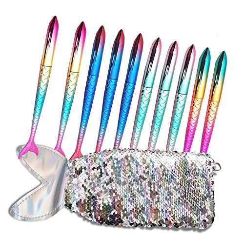 10 piezas de bolígrafos de sirena y 1 estuche de lápiz de cola de pez de lentejuelas, juego de papelería para recuerdos de fiesta para niñas (tinta negra)