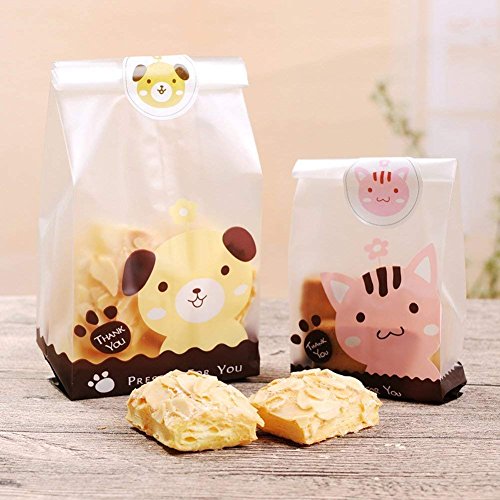 100 bolsas de galletas resellables transparentes para golosinas y 109 pegatinas para perros para galletas, panadería, caramelo, galletas, bolsas de embalaje de regalo (50 unidades de gato + 50 perros)