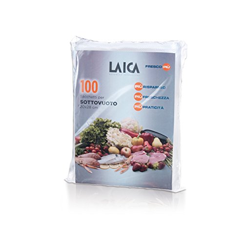 100 bolsas de plástico gofradas de 20x28 cm. especiales para la conservación al vacio de alimentos 20x28 cm Laica VT3501. Libres de BPA.