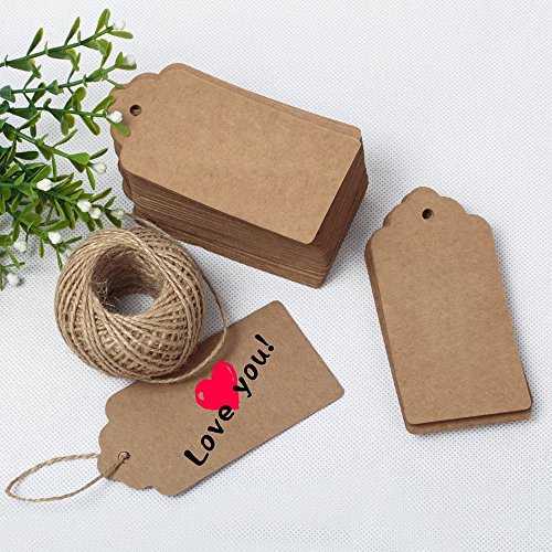 100 Etiquetas de Papel Kraft,Etiquetas de Regalo,Equipaje Etiquetas de las etiquetas de Boda con 30 Metros de Cuerda de Yute para decorar regalos(5x10cm)