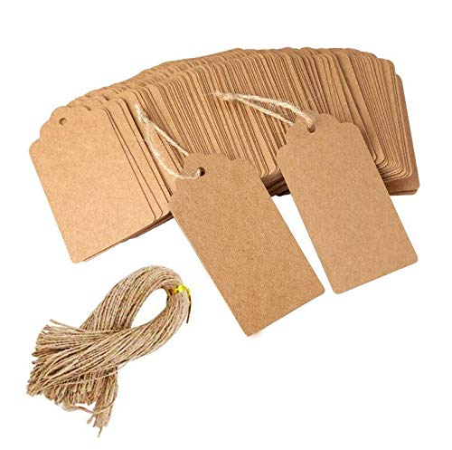 100 etiquetas de regalo de papel Kraft con 100 pies de cuerda de yute natural para bodas, rectangulares, color marrón