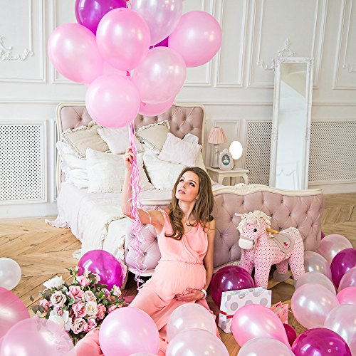 100 Globos rosas de látex + Cinta rosa + Soportes + Pegatinas de pared de globos | 5 colores mezclados | Fiesta rosa, Primera Comunion, Bautizo Niña, Boda, Cumpleaños | 30 centímetros | Helio o Aire