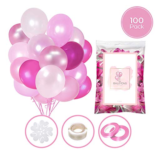 100 Globos rosas de látex + Cinta rosa + Soportes + Pegatinas de pared de globos | 5 colores mezclados | Fiesta rosa, Primera Comunion, Bautizo Niña, Boda, Cumpleaños | 30 centímetros | Helio o Aire