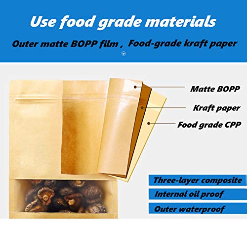 100 PCS Bolsitas Papel Kraft , con ventana transparente bolsas de papel papel kraft , de hermética alimentos reutilizables bolsa papel para alimentos té granos de semillas frutas secas