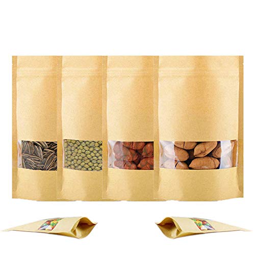 100 PCS Bolsitas Papel Kraft , con ventana transparente bolsas de papel papel kraft , de hermética alimentos reutilizables bolsa papel para alimentos té granos de semillas frutas secas