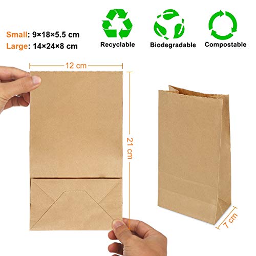 100 Piezas Bolsas Papel Kraft 21 x 12 x 7 cm, Bolsas Papel Regalo,Bolsas Ecologicas para Fruta, Bolsas para Envolver Regalos para Chuches Semillas Etiquetas Palomitas Dulces Bocadillos