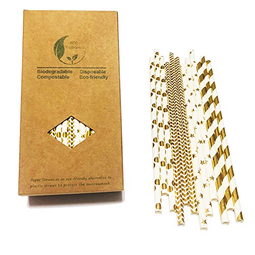 100 piezas Pajitas de Papel oro para fiesta con Dulce Diseño, Oro Raya, Billante doradas, onads estrellas, lunares pajitas