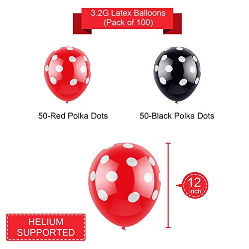 100 PSC Decoraciones de cumpleaños de Minnie Mouse rojas y negras para niñas Negro con Lunares Blancos y Rojo con Globos de Lunares Blancos para Bodas,Fiestas, cumpleaños,decoración de Fiestas