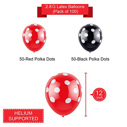 100 PSC Decoraciones de cumpleaños de Minnie Mouse rojas y negras para niñas Negro con Lunares Blancos y Rojo con Globos de Lunares Blancos para Bodas,Fiestas, cumpleaños,decoración de Fiestas