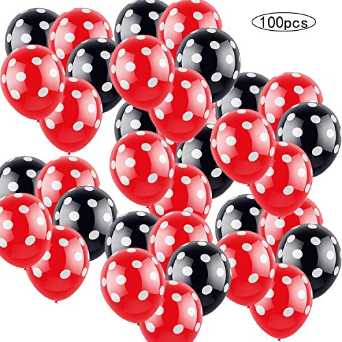 100 PSC Decoraciones de cumpleaños de Minnie Mouse rojas y negras para niñas Negro con Lunares Blancos y Rojo con Globos de Lunares Blancos para Bodas,Fiestas, cumpleaños,decoración de Fiestas