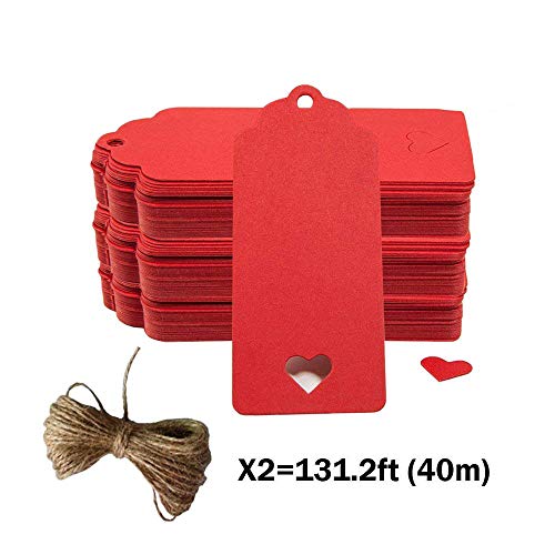 100pc Hollow corazón Kraft etiquetas de papel, crivers 1,6 x 3,5 pulgadas etiquetas de regalo con libre 65.6 Pies Naturales Yute Twine para Navidad boda Favor regalo, color rosso