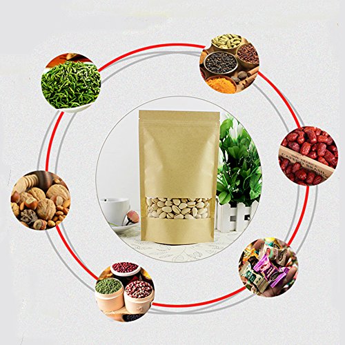 100pcs 9 * 14cm Bolsitas Papel Kraft Ventana con Cierre Marrón Pequeñas Estraza Bolsas Papel Zip Alimentos Biodegradables para Semilla Regalo Joyería Caramelos (9 * 14CM)