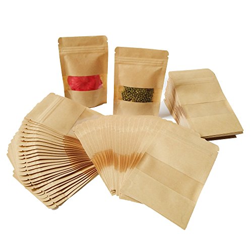100pcs 9 * 14cm Bolsitas Papel Kraft Ventana con Cierre Marrón Pequeñas Estraza Bolsas Papel Zip Alimentos Biodegradables para Semilla Regalo Joyería Caramelos (9 * 14CM)