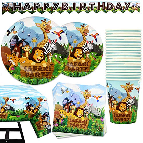 102 piezas de Accesorios para Fiesta Safari Artículos de Decoración de Celebración Temática de Animales Set de Pancarta, Platos, Vasos, Servilletas y Mantel, 25 Personas