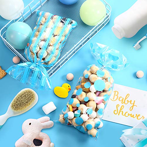 105 Piezas Bolsas de Regalo de Celofán de Baby Shower, Bolsas de Regalo de Caramelo con Estampado de Cheurón a Rayas de Lunares Azul Claro de Plásticas con 100 Lazos de Torcedura