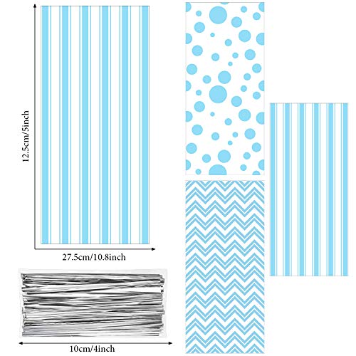 105 Piezas Bolsas de Regalo de Celofán de Baby Shower, Bolsas de Regalo de Caramelo con Estampado de Cheurón a Rayas de Lunares Azul Claro de Plásticas con 100 Lazos de Torcedura