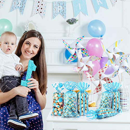 105 Piezas Bolsas de Regalo de Celofán de Baby Shower, Bolsas de Regalo de Caramelo con Estampado de Cheurón a Rayas de Lunares Azul Claro de Plásticas con 100 Lazos de Torcedura