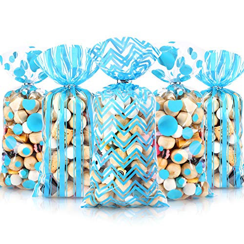 105 Piezas Bolsas de Regalo de Celofán de Baby Shower, Bolsas de Regalo de Caramelo con Estampado de Cheurón a Rayas de Lunares Azul Claro de Plásticas con 100 Lazos de Torcedura