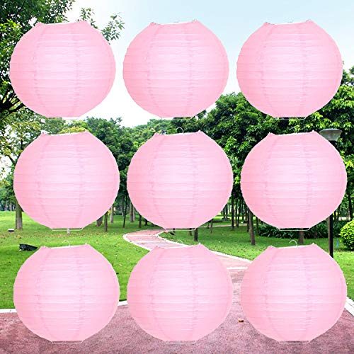 12 farolillos de papel con 12 mini luces LED, lámpara redonda de papel decorativa para jardín salón 15/20/25/30 cm (rojo farolillo rosa + blanco cálido)