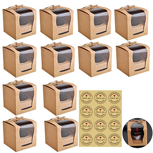 12 piezas Cajas de papel Kraft para panadería con ventanas de PVC para tartas de panadería y pastelería, contenedor desechable para llevar con etiqueta engomada y guita
