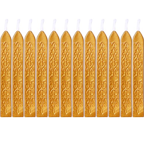 12 Piezas de Barras de Cera de Sello con Mechas Cera de Sellado de Manuscrito de Fuego Antiguo para Sello de Cera (Color Dorado)