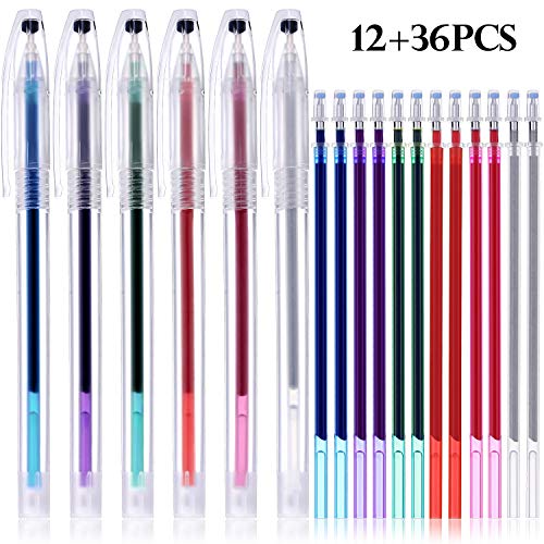 12 Piezas de Bolígrafos de Borrado por Calor Rotuladores de Tela Plumas Borrables por Calor con 36 Piezas de Repuestos de Tela Borrables por Calor para Costura y Confección de Acolchados, 6 Colores