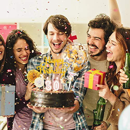12 Piezas de Pastel de Cumpleaños Feliz, Globos de Confeti Dorado, Estrellas y Ventiladores de Papel para la Decoración de la Torta de Cumpleaños